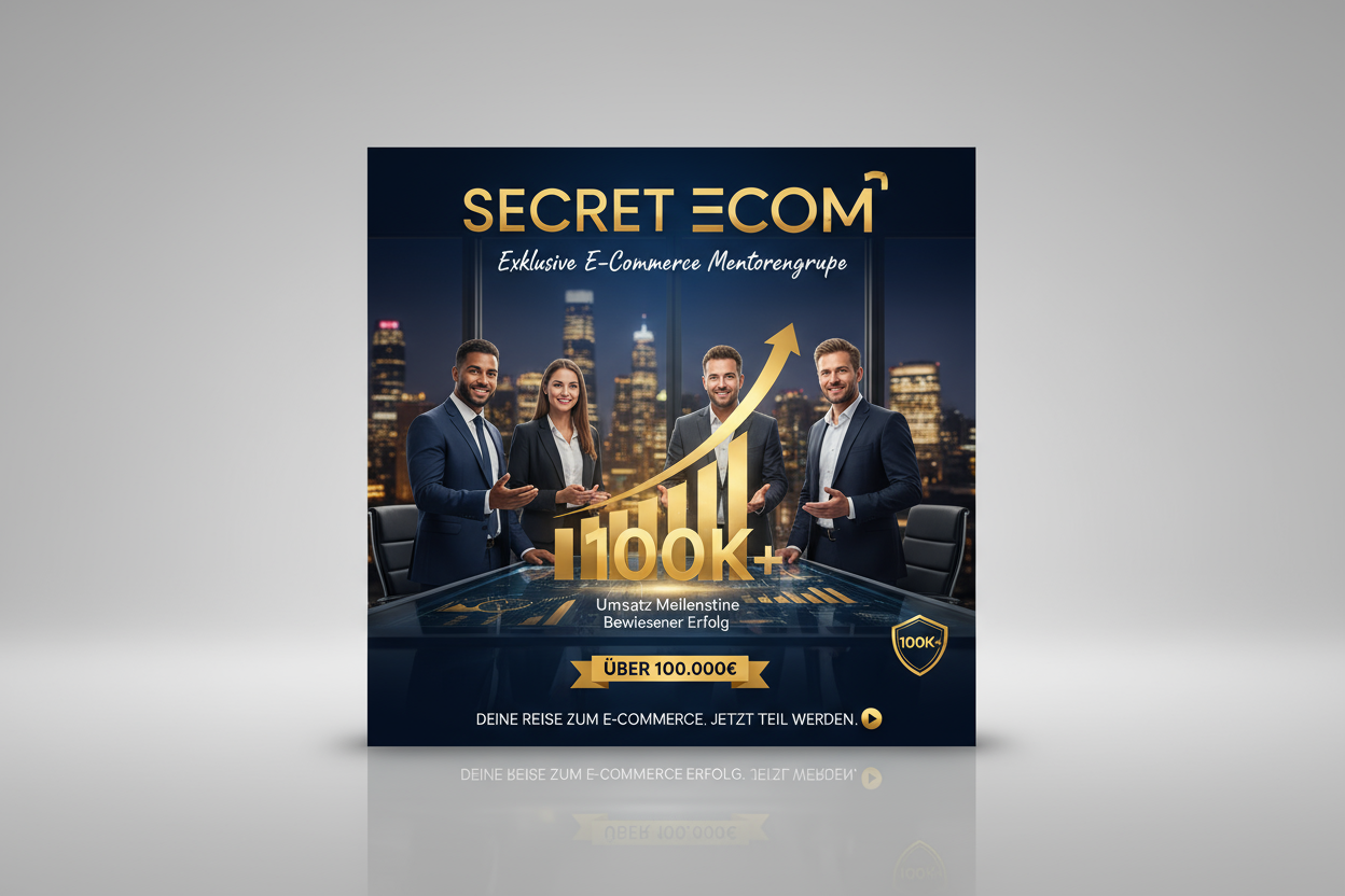 produktbild für das produkt "SECRET ECOM" das eine gruppe beschreibt in der man hilfe von verschiedenen mentoren bekommen kann, die mindestens 100k umsatz gemacht haben. bild muss auf deutsch sein.